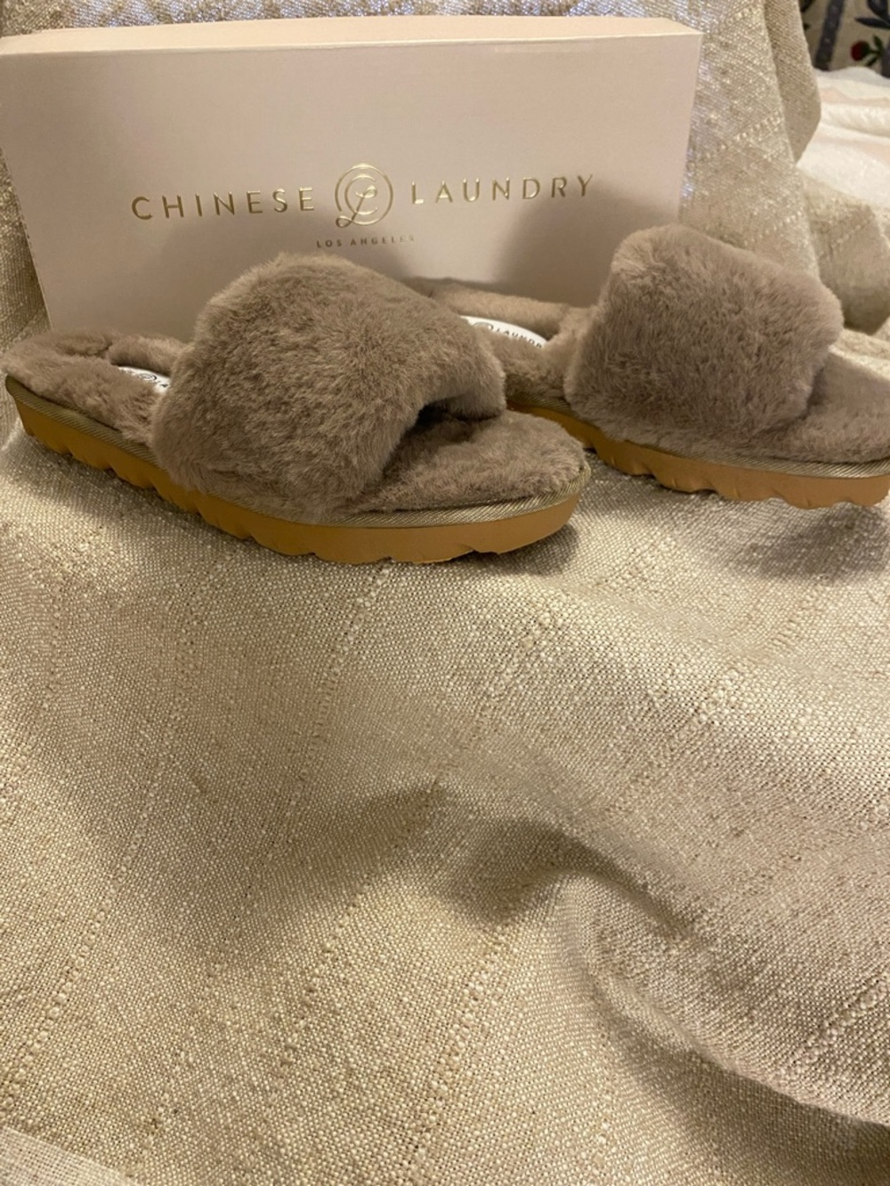 Chinese Laundry Plush Slide Slippers in Taupe Gray with Tan Sole